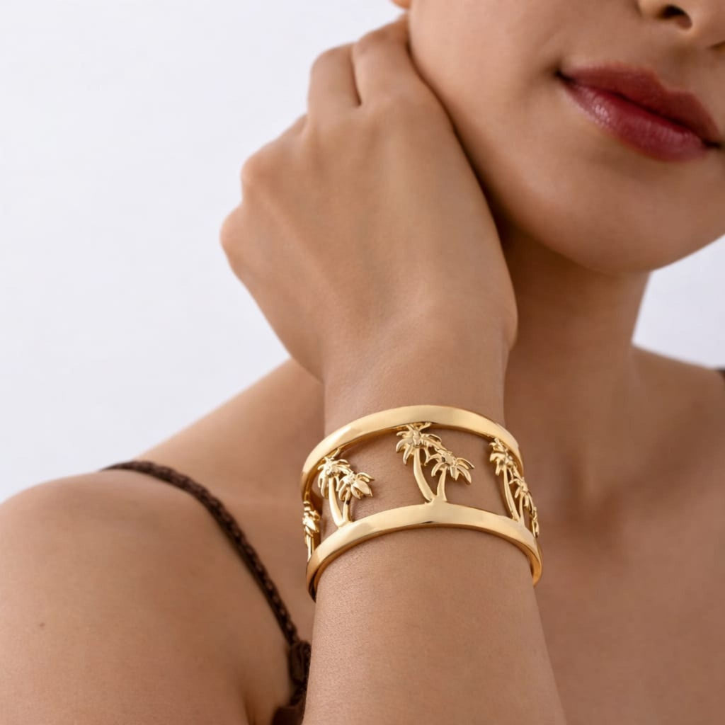 Tropical Palm Gold Cuff Bracelet by Suryatra