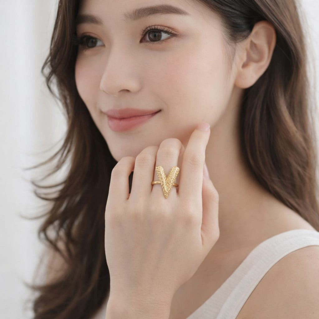 Golden V-Shaped Textured Ring by Suryatra