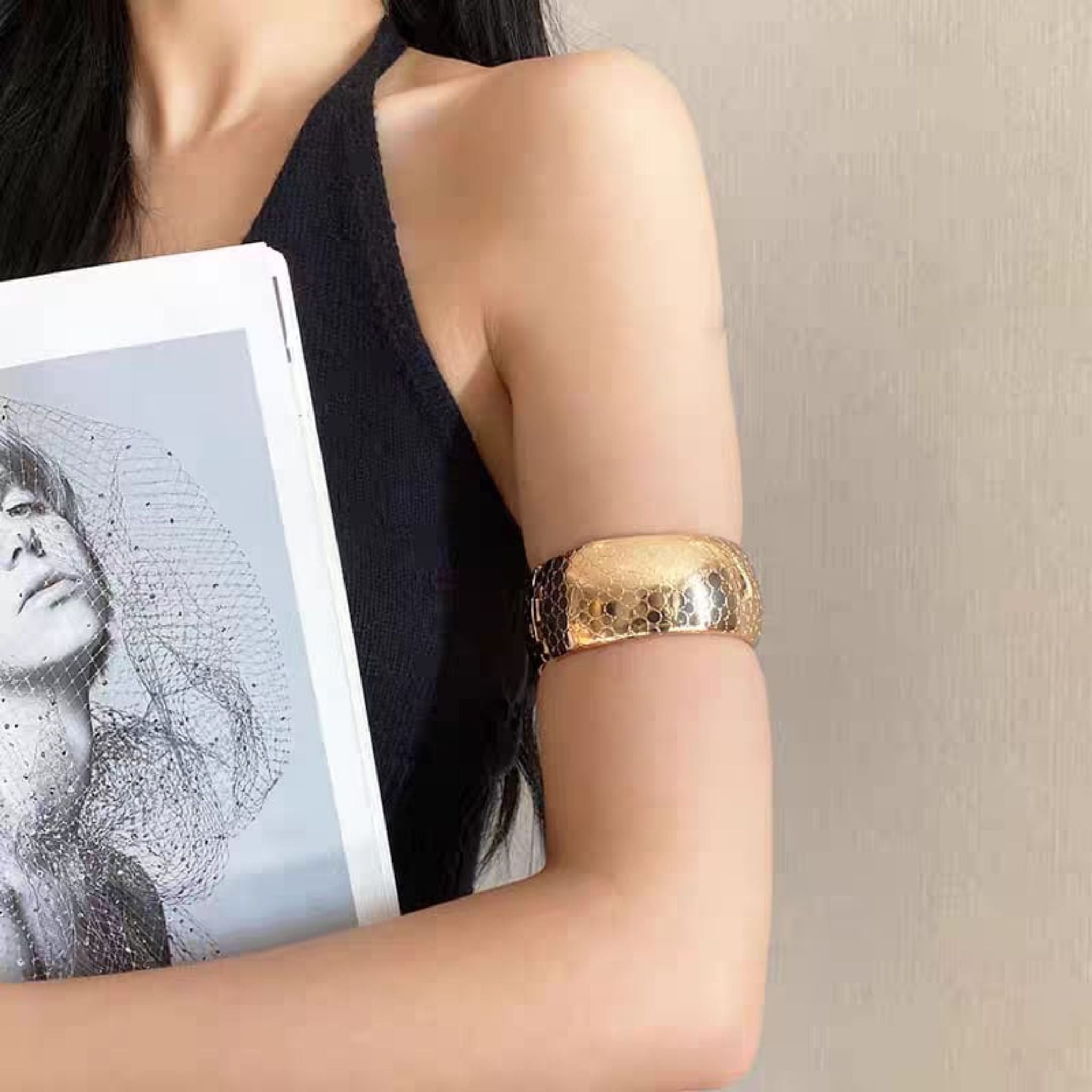 Golden Hammered Cuff Bracelet by Suryatra