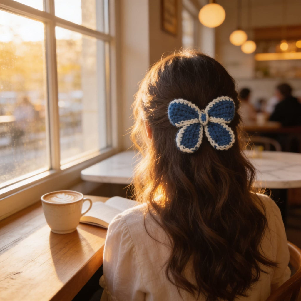 Indigo Bloom Crochet Flower Hair Clip By Suryatra | White & Blue
