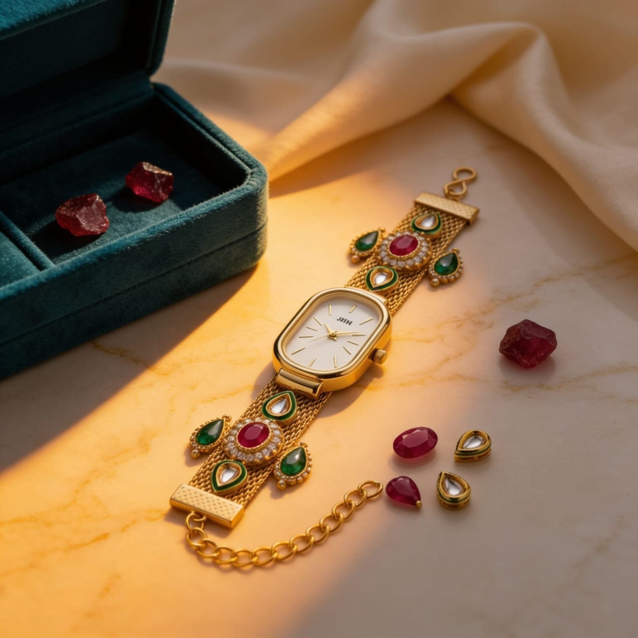Royal Heritage Gold Watch Set By Suryatra | Ruby &amp; Emerald Accents