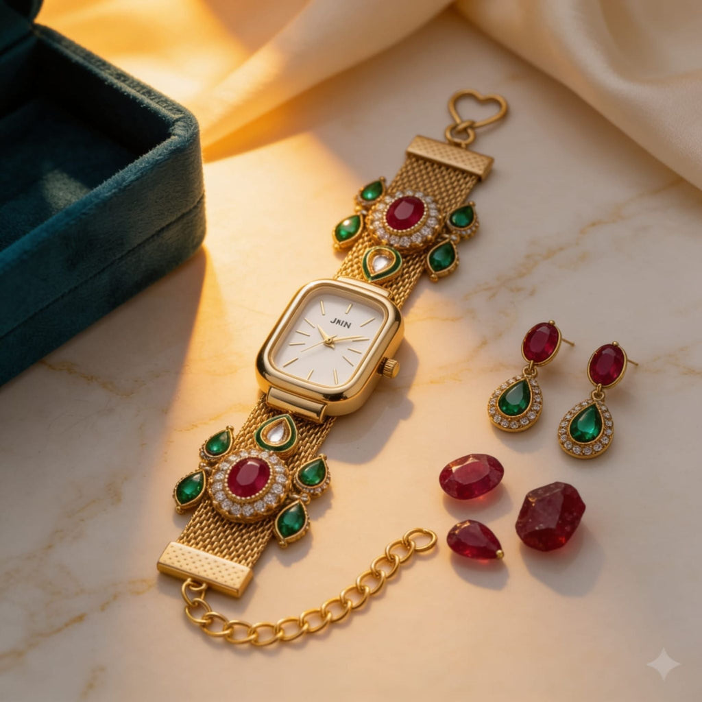 Royal Heritage Gold Watch Set By Suryatra | Ruby &amp; Emerald Accents