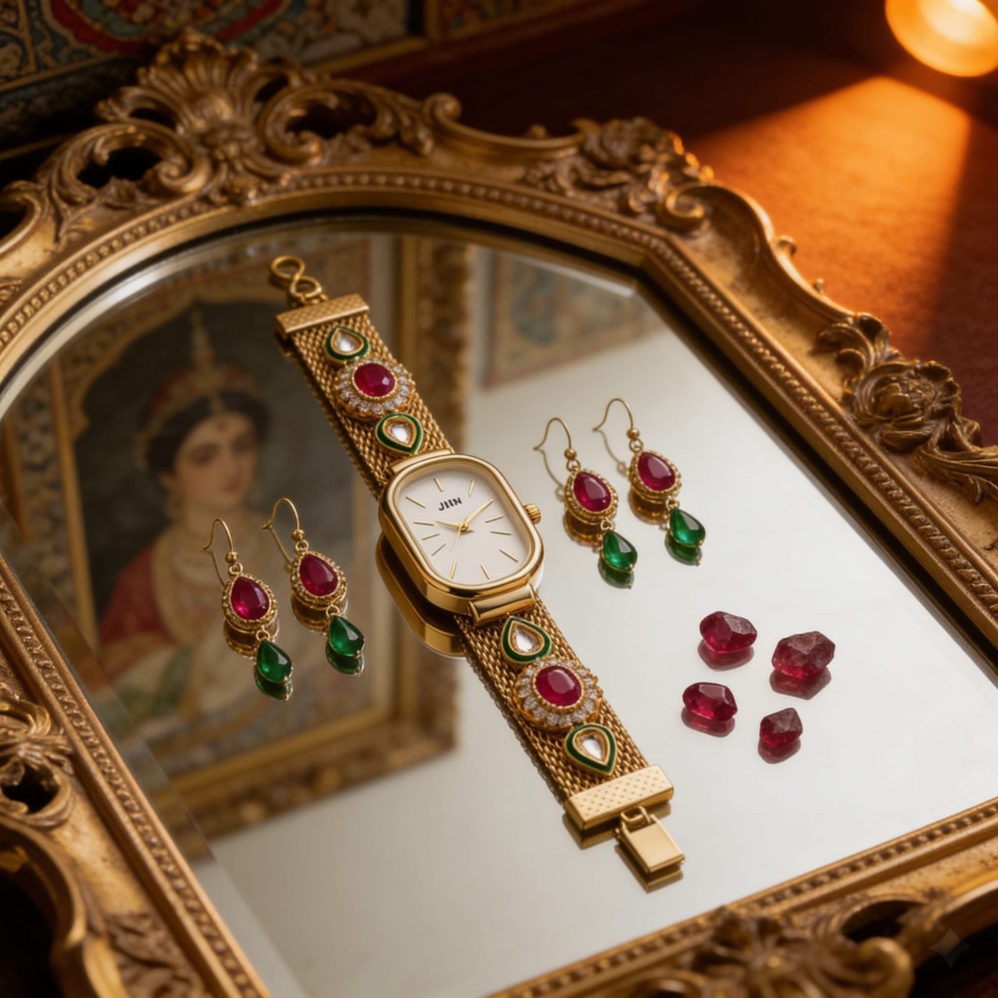Royal Heritage Gold Watch Set By Suryatra | Ruby &amp; Emerald Accents