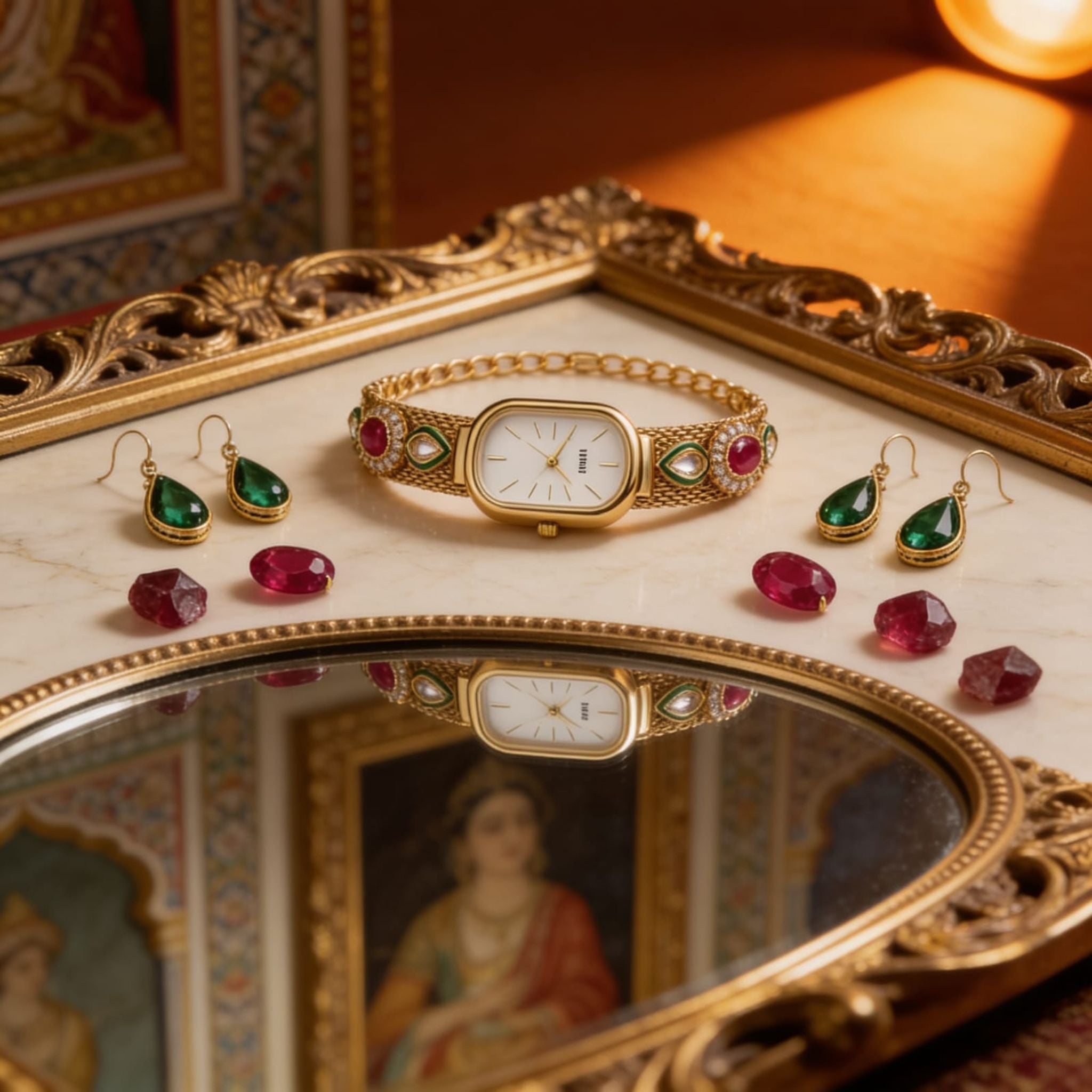 Royal Heritage Gold Watch Set By Suryatra | Ruby &amp; Emerald Accents
