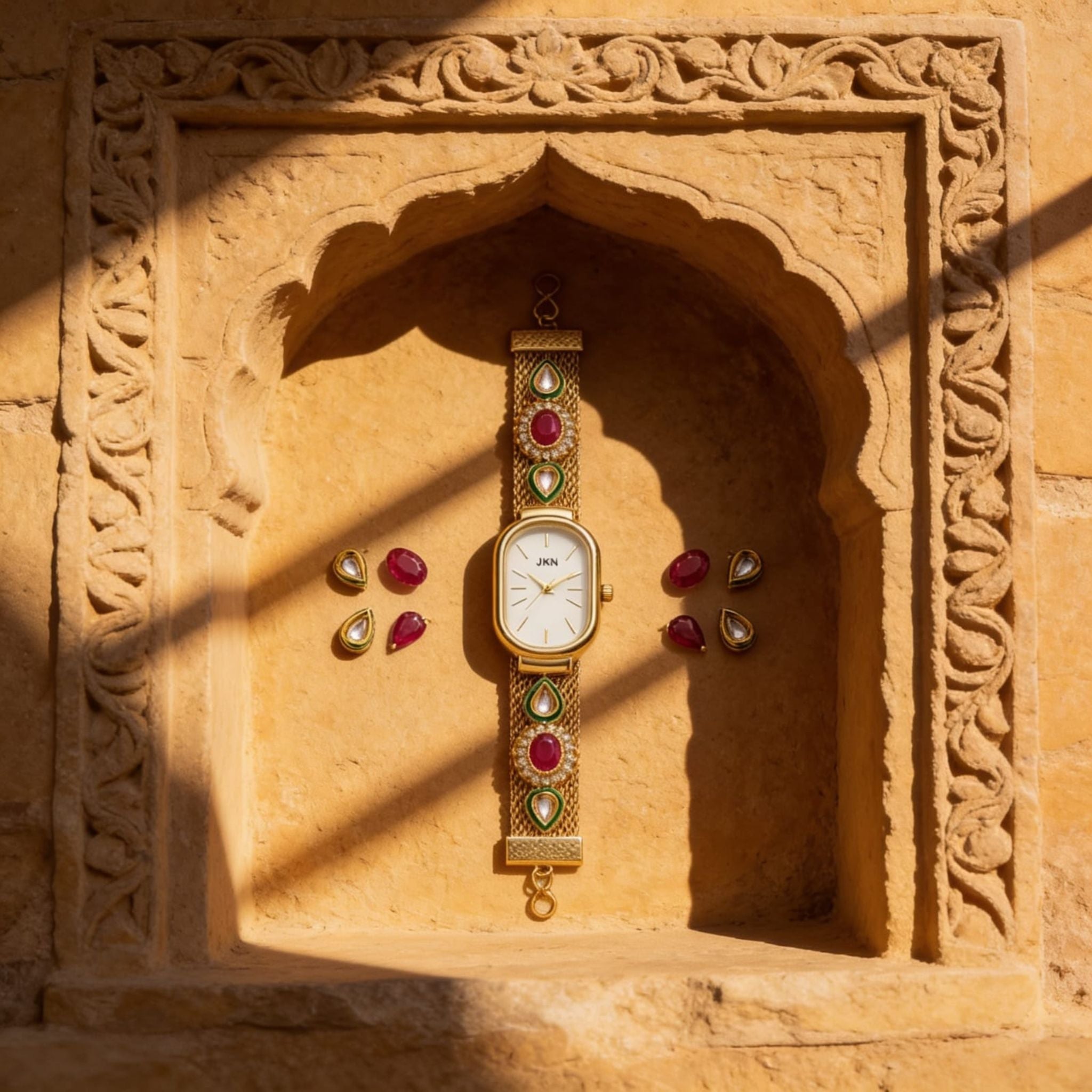 Royal Heritage Gold Watch Set By Suryatra | Ruby &amp; Emerald Accents