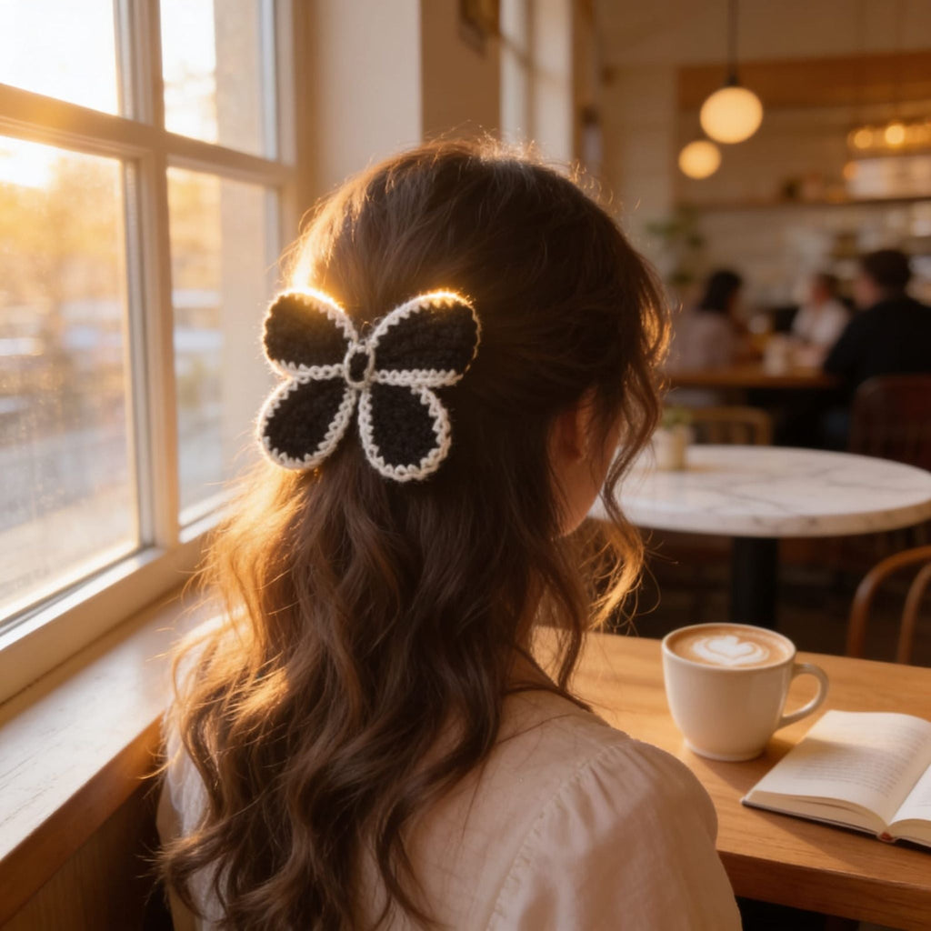 Noir Bloom Crochet Flower Hair Clip By Suryatra | White & Black