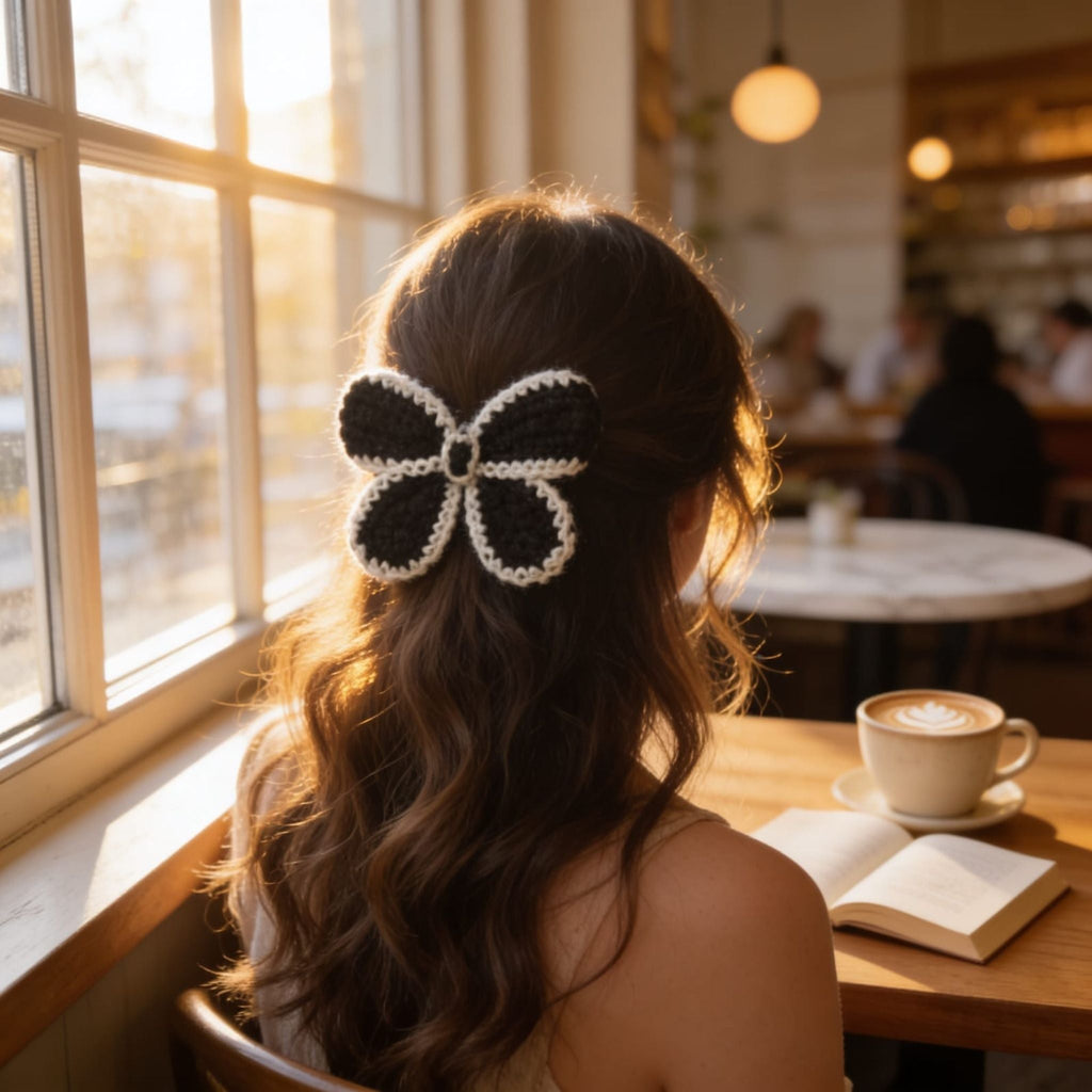 Noir Bloom Crochet Flower Hair Clip By Suryatra | White & Black