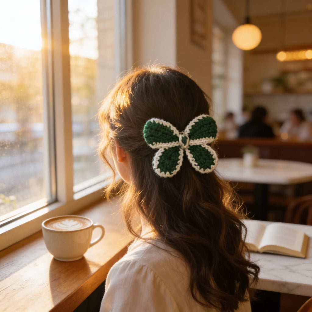 Verdant Bloom Crochet Flower Hair Clip By Suryatra | White & Green