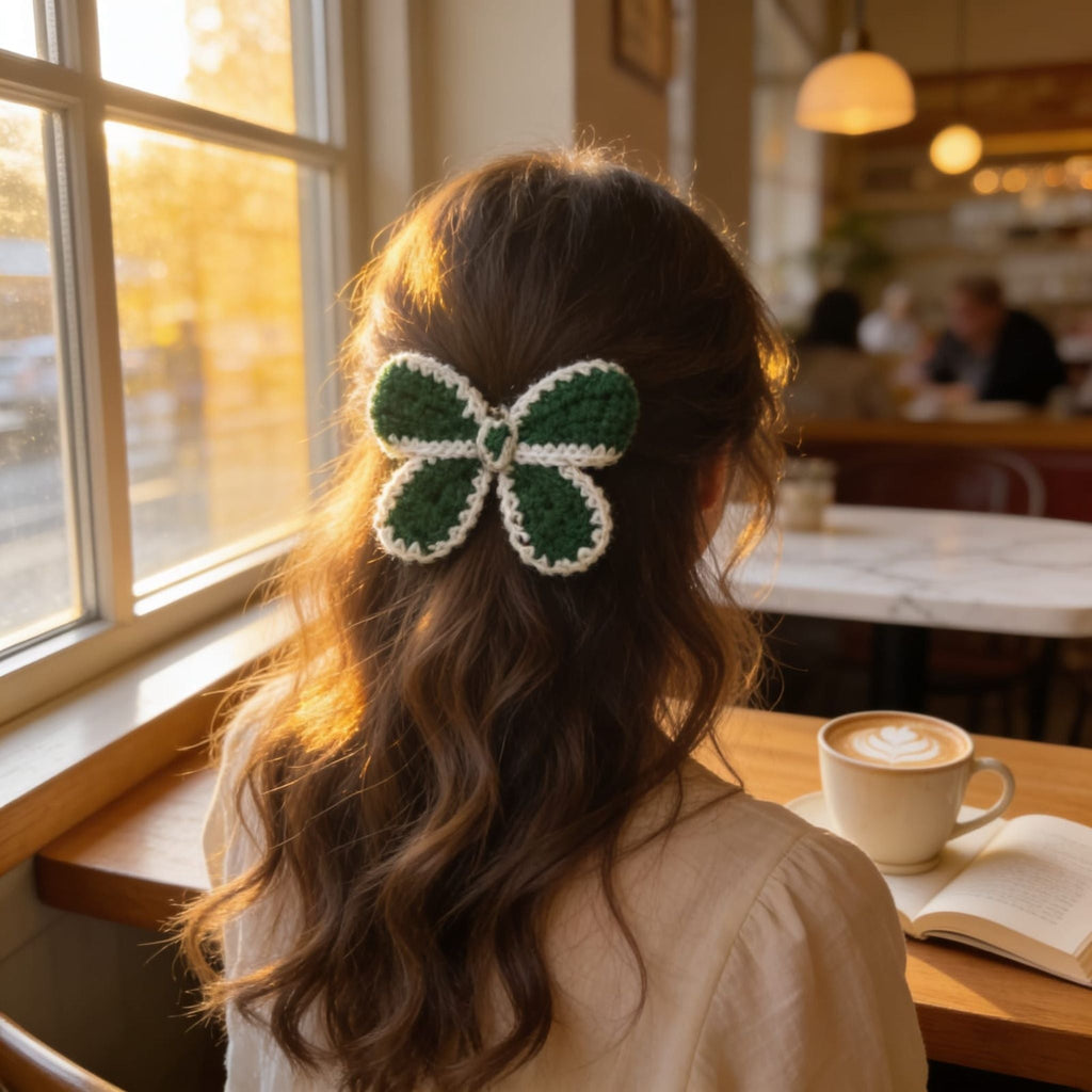 Verdant Bloom Crochet Flower Hair Clip By Suryatra | White & Green