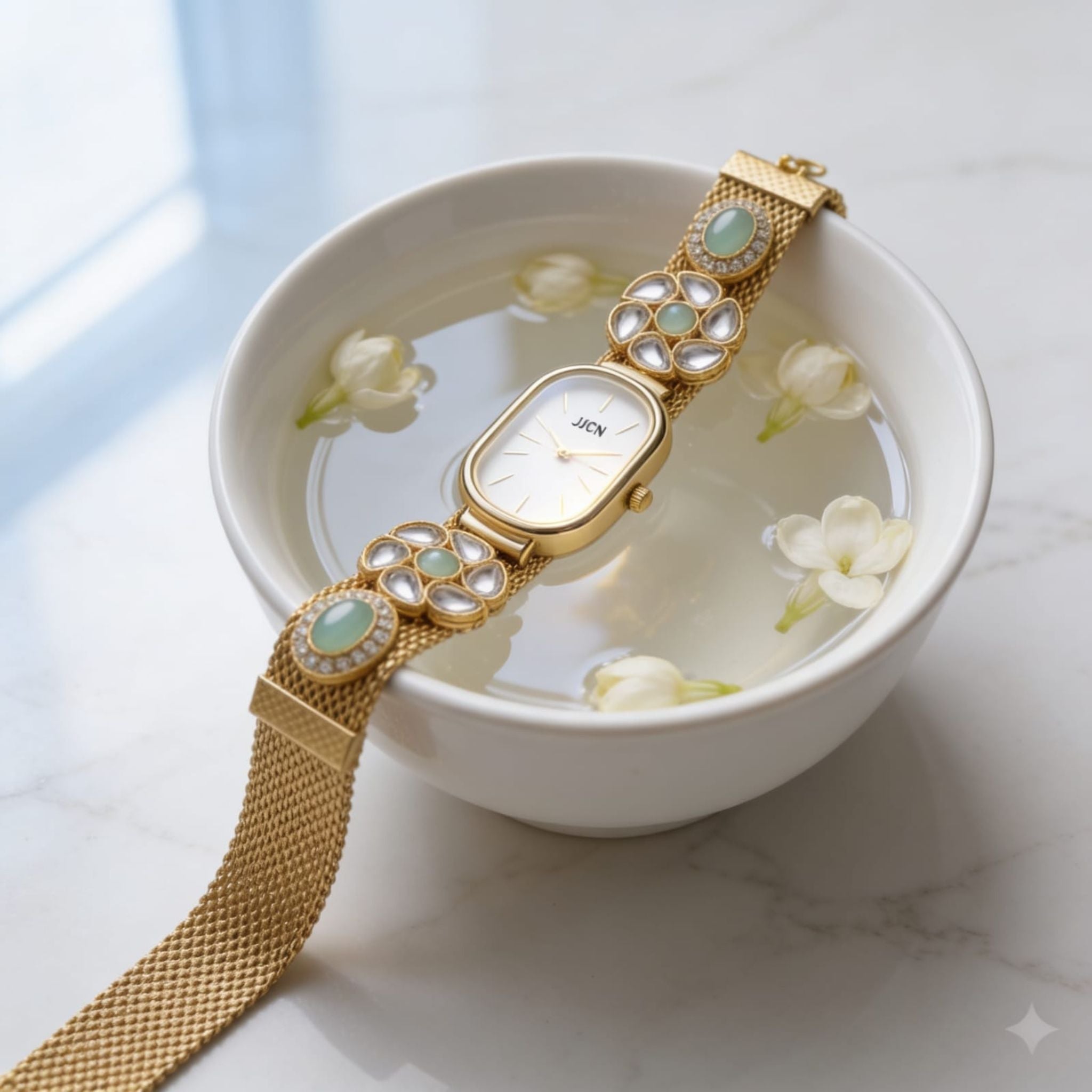 Mint Kundan Floral Gold Watch By Suryatra