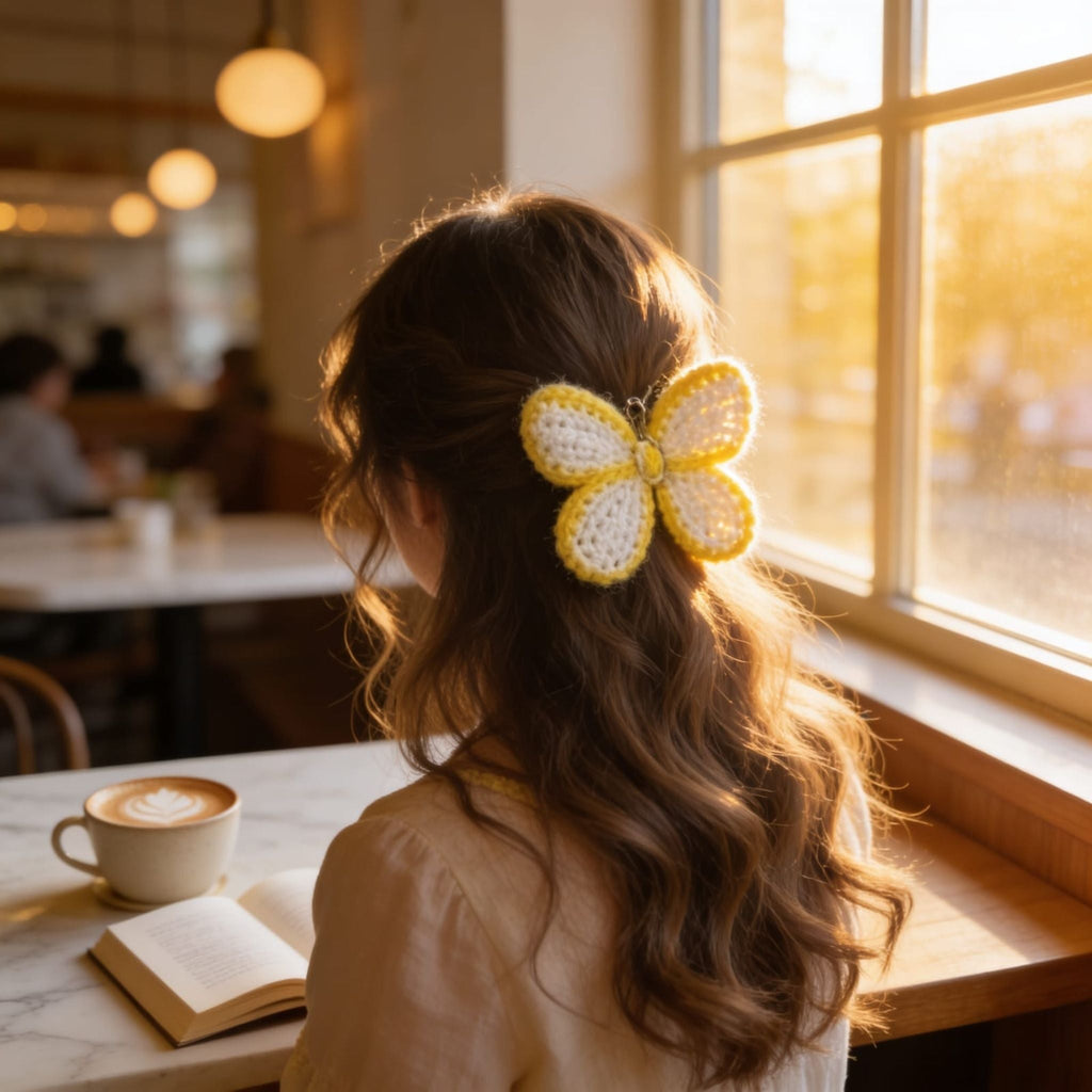 Sunlit Bloom Crochet Flower Hair Clip By Suryatra | Golden Yellow & Ivory