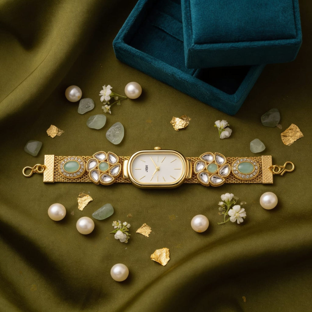 Mint Kundan Floral Gold Watch By Suryatra