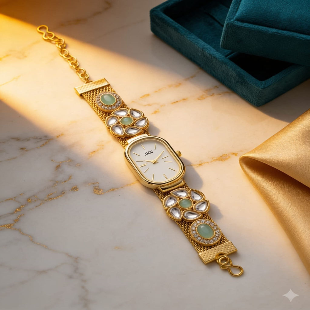 Mint Kundan Floral Gold Watch By Suryatra