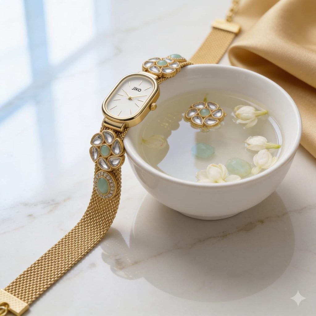 Mint Kundan Floral Gold Watch By Suryatra