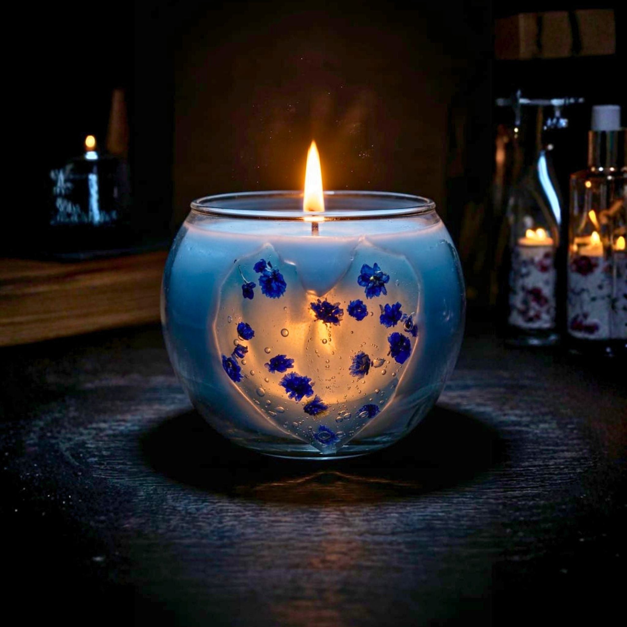 Blue Bloom Heart Glass Candle by Suryatra