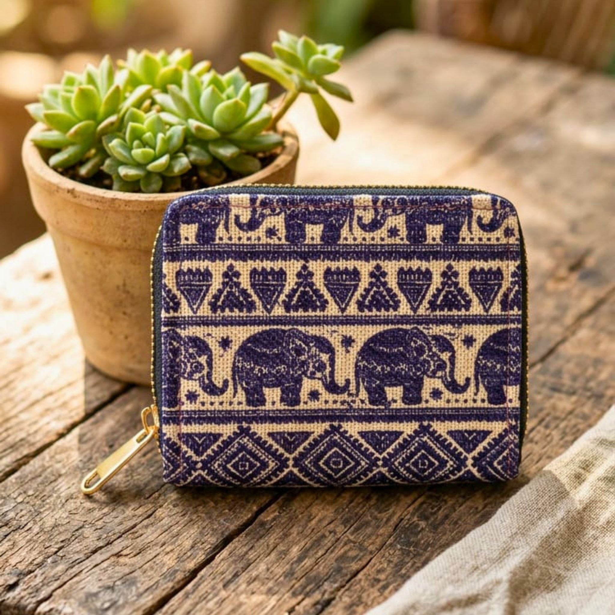 Elephant Print Coin Pouch (Blue and Gold) by Suryatra