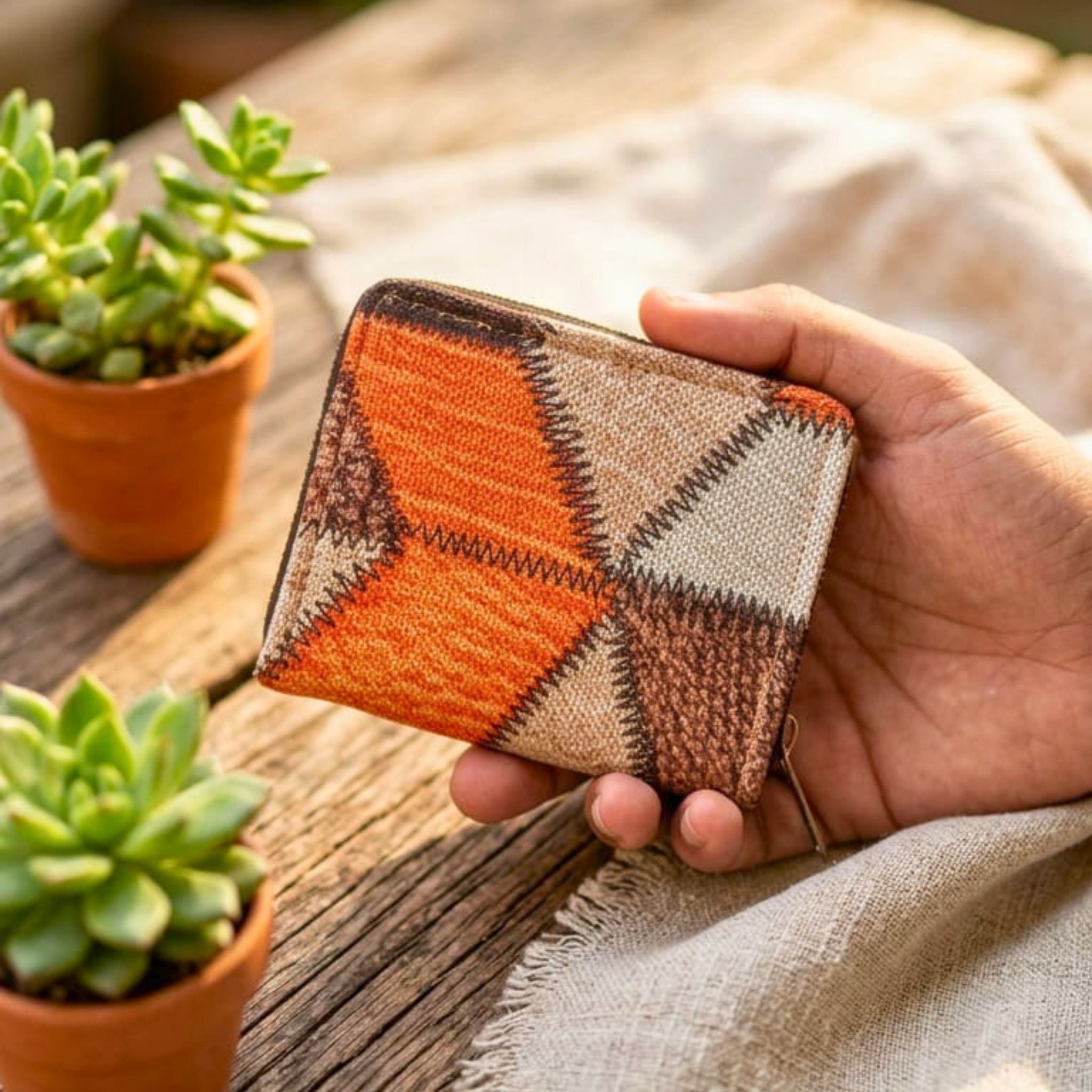 Patchwork Style Coin Pouch (Orange and Brown) by Suryatra