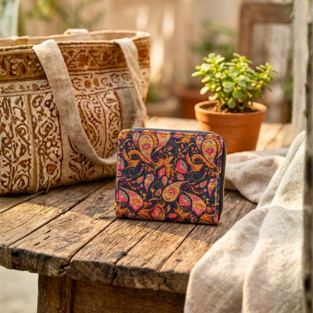 Paisley Print Coin Pouch (Pink and Gold) by Suryatra