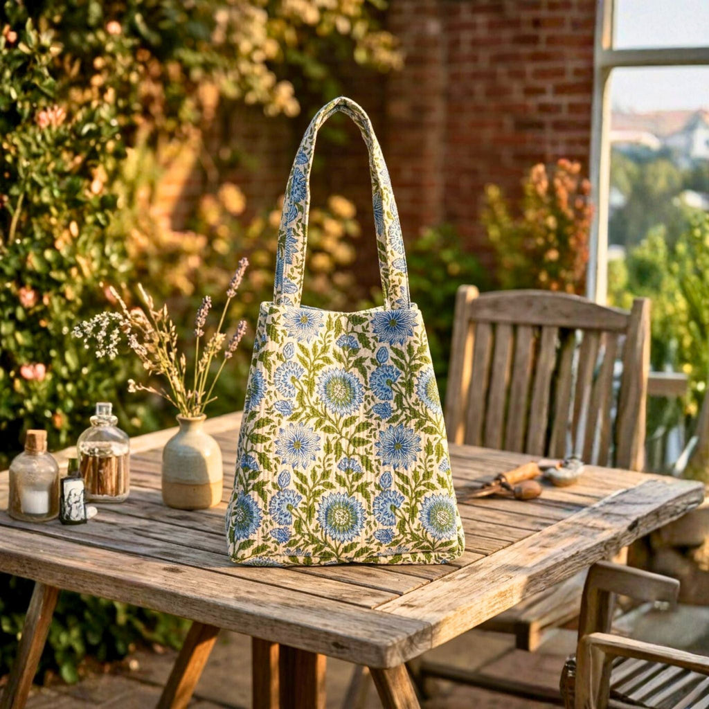 Convertible Tote (16*20 size) Sky Blue and green Pattern by Suryatra