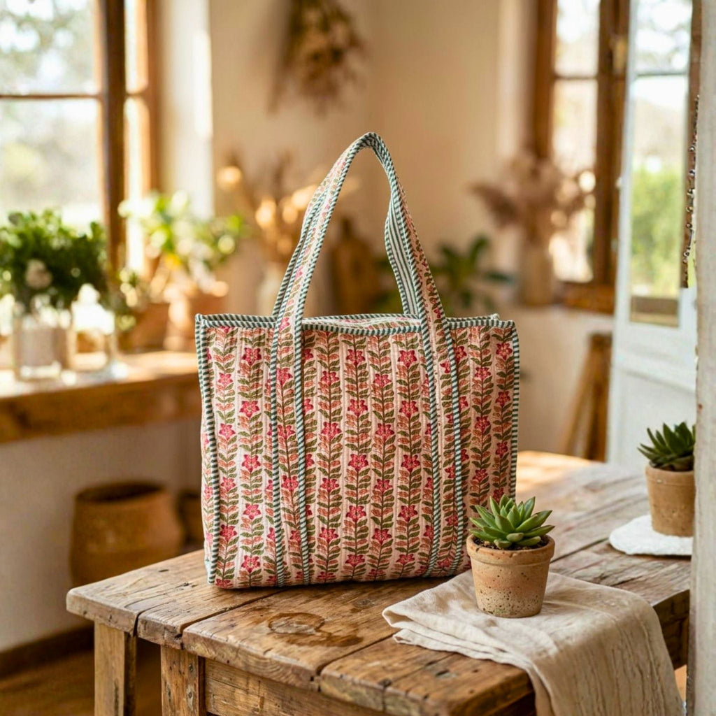 Quilted Tote Bag With Zip Closure (Pink and Green) by Suryatra