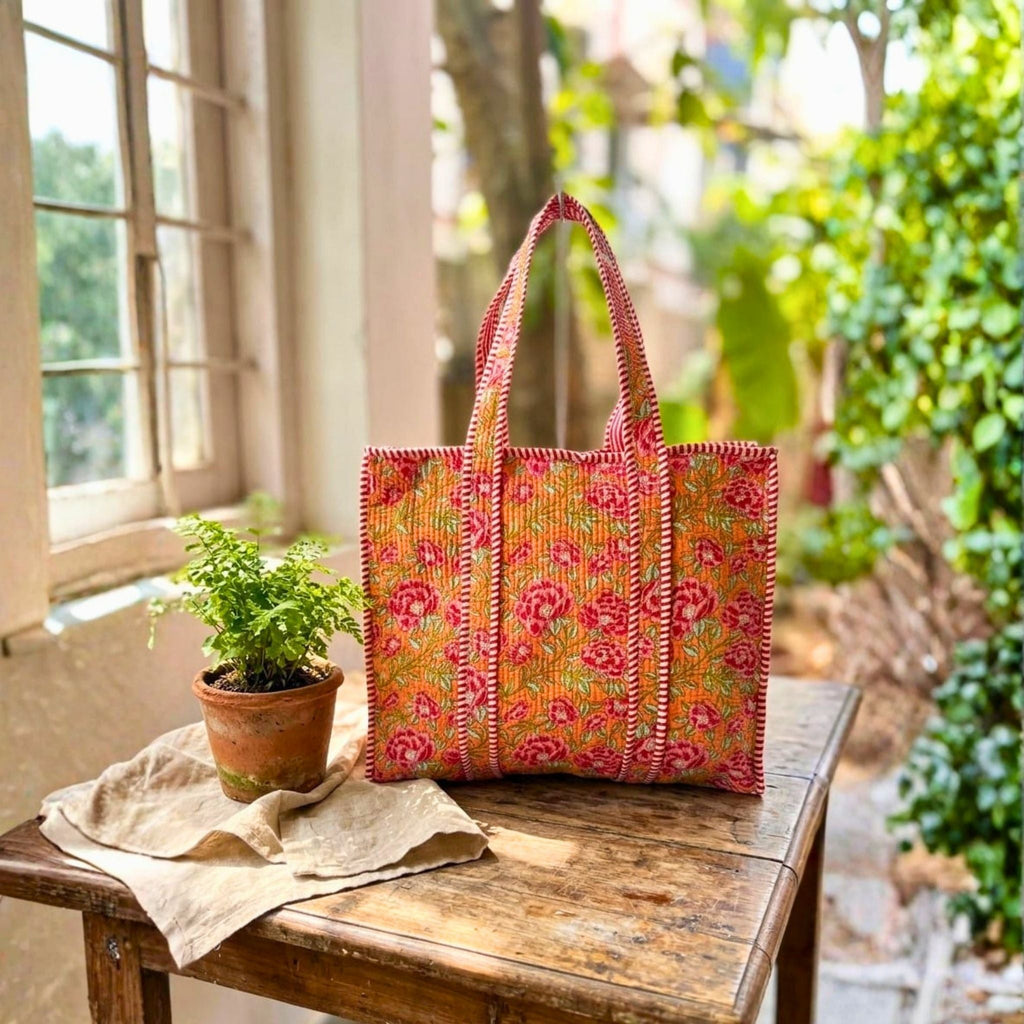 Quilted Tote Bag With Zip Closure (Yellow and Pink) by Suryatra