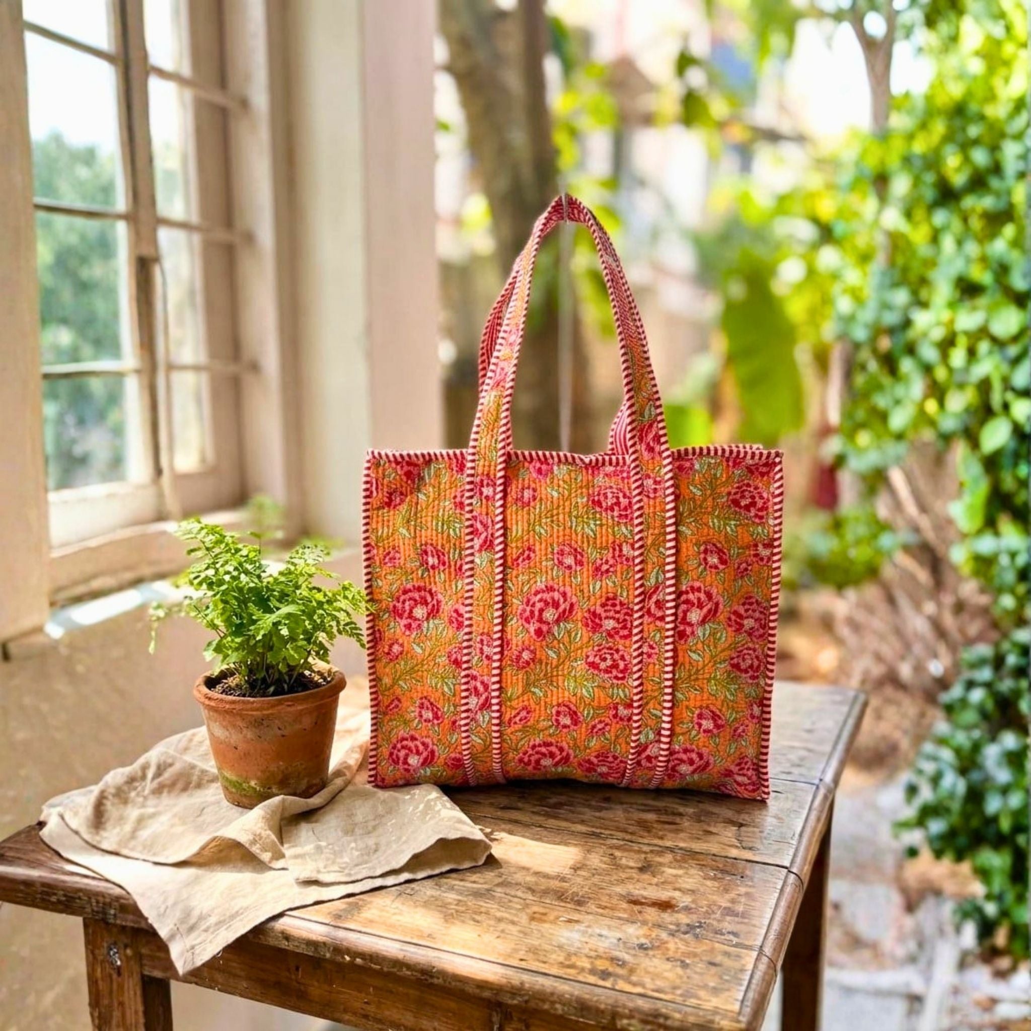 Quilted Tote Bag With Zip Closure (Yellow and Pink) by Suryatra