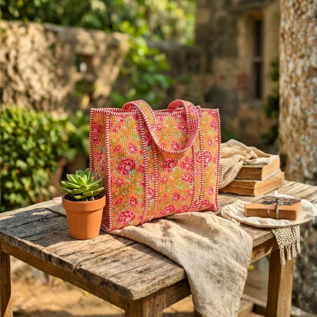 Quilted Tote Bag With Zip Closure (Yellow and Pink) by Suryatra