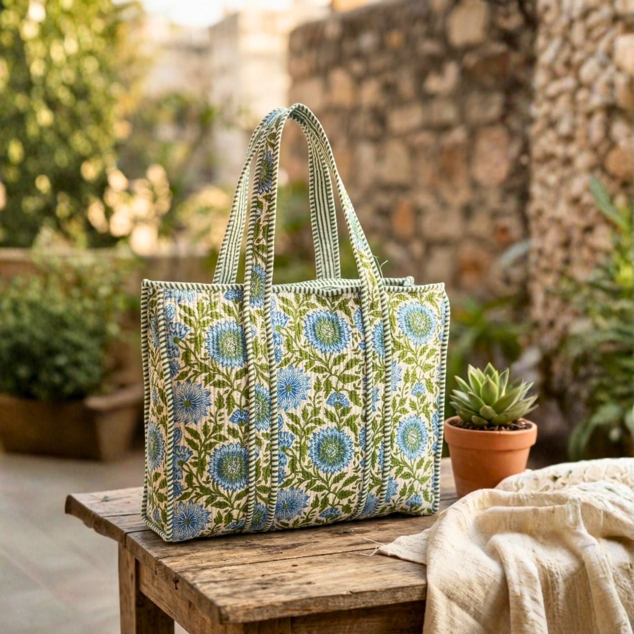 Quilted Tote Bag With Zip Closure (Blue and Green) by Suryatra
