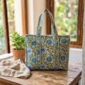 Quilted Tote Bag With Zip Closure (Blue and Green) by Suryatra