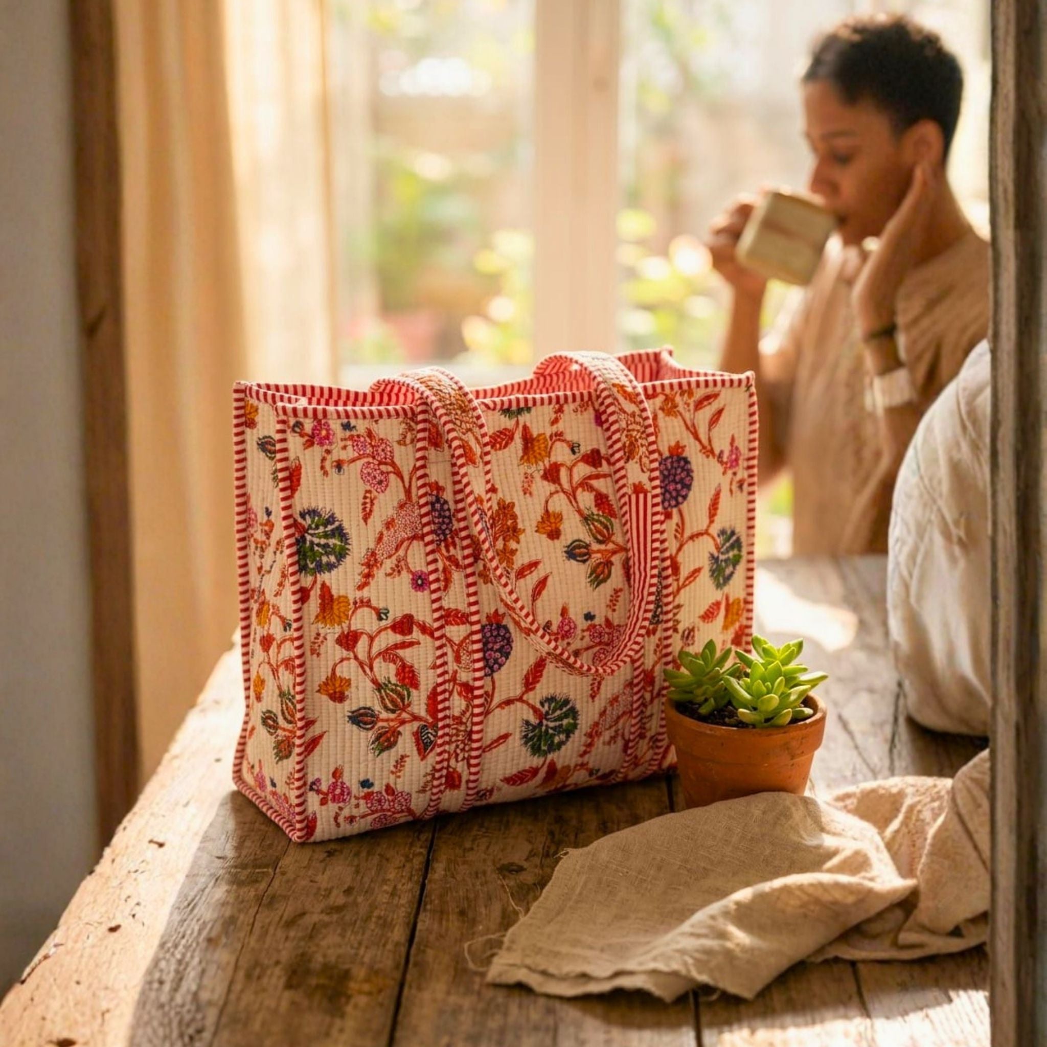 Quilted Tote Bag With Zip Closure (Pink and Cream) by Suryatra