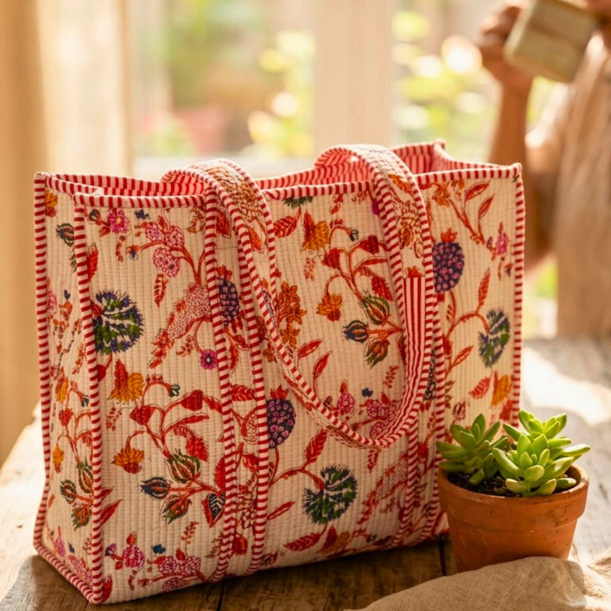 Quilted Tote Bag With Zip Closure (Pink and Cream) by Suryatra