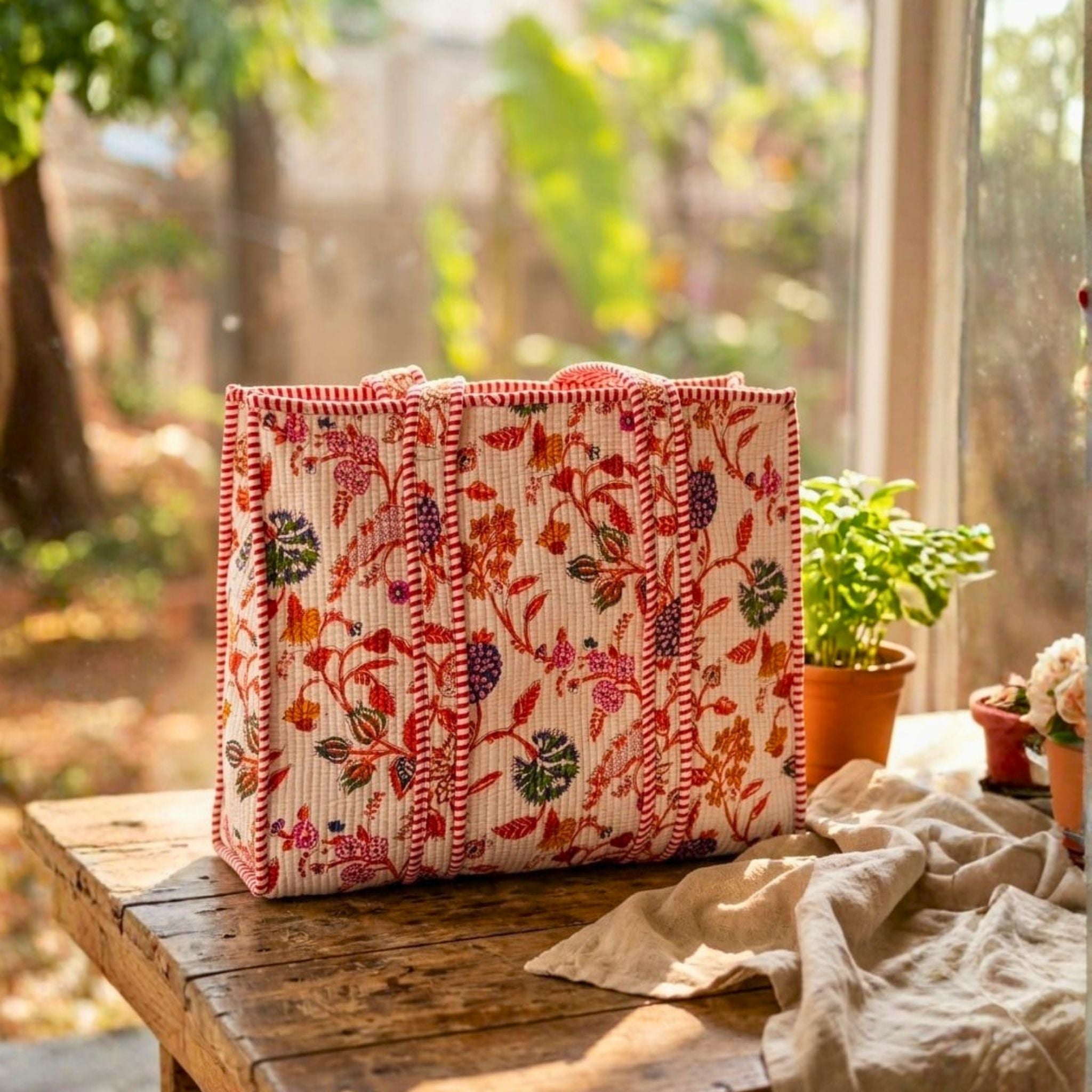 Quilted Tote Bag With Zip Closure (Pink and Cream) by Suryatra