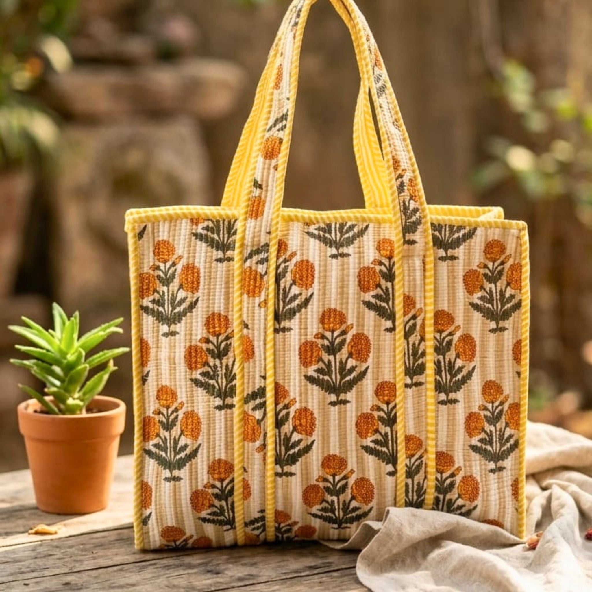 Quilted Tote Bag With Zip Closure (Yellow and Cream) by Suryatra