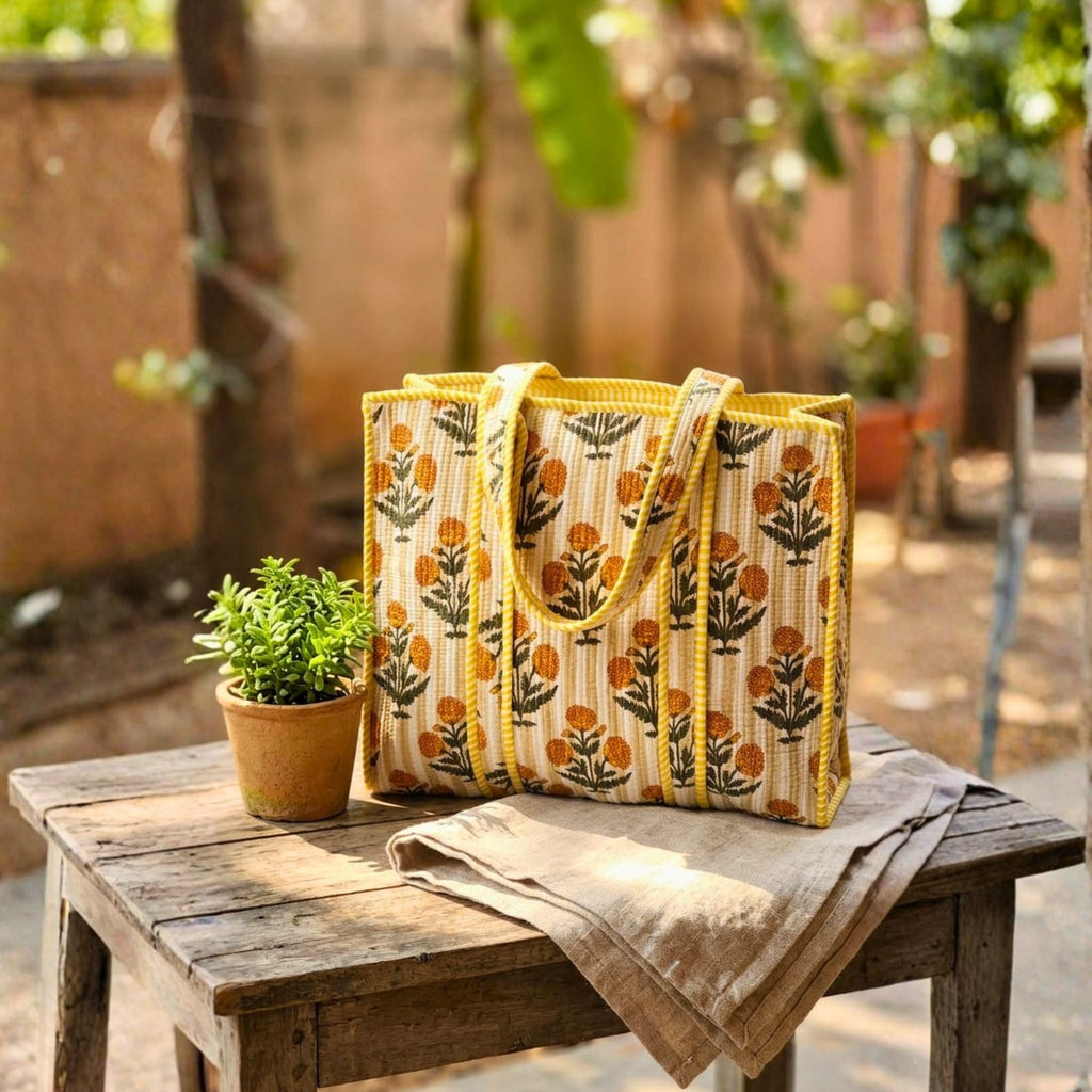 Quilted Tote Bag With Zip Closure (Yellow and Cream) by Suryatra