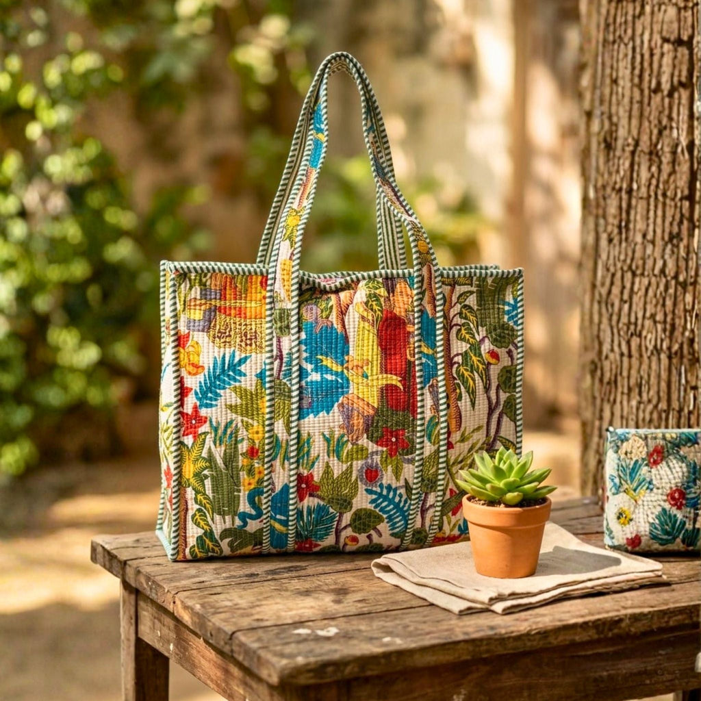 Quilted Tote Bag With Zip Closure (Green and Blue) by Suryatra