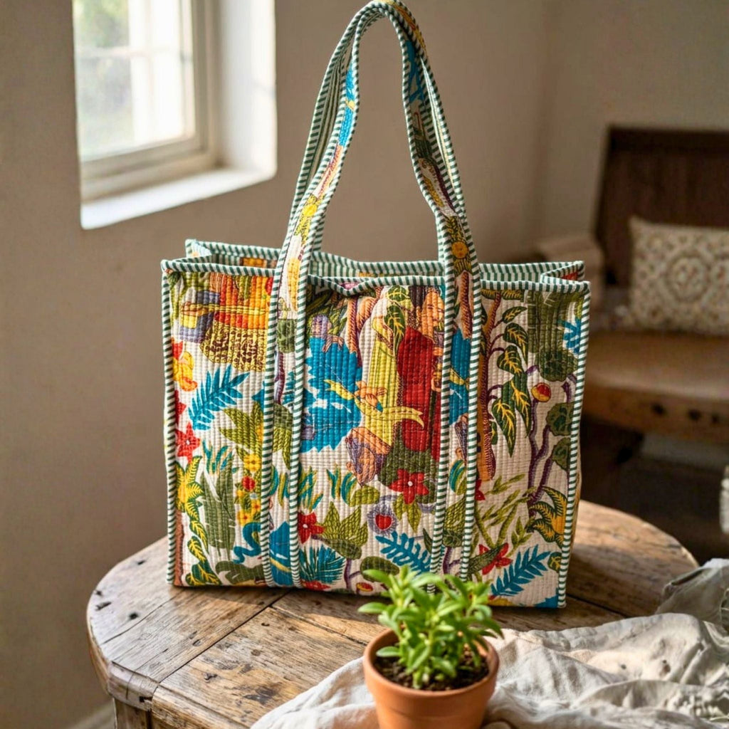 Quilted Tote Bag With Zip Closure (Green and Blue) by Suryatra