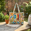 Quilted Tote Bag With Zip Closure (Green and Blue) by Suryatra