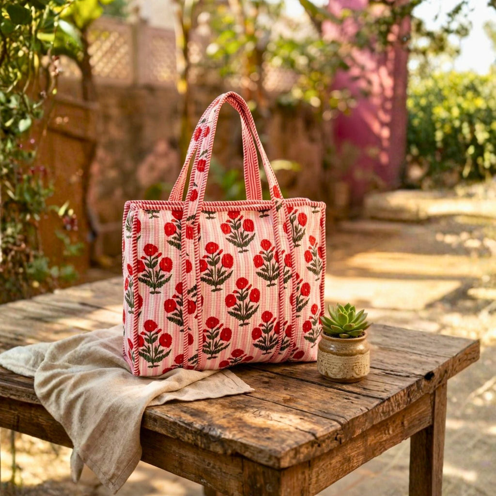 Quilted Tote Bag With Zip Closure (Pink and Red) by Suryatra