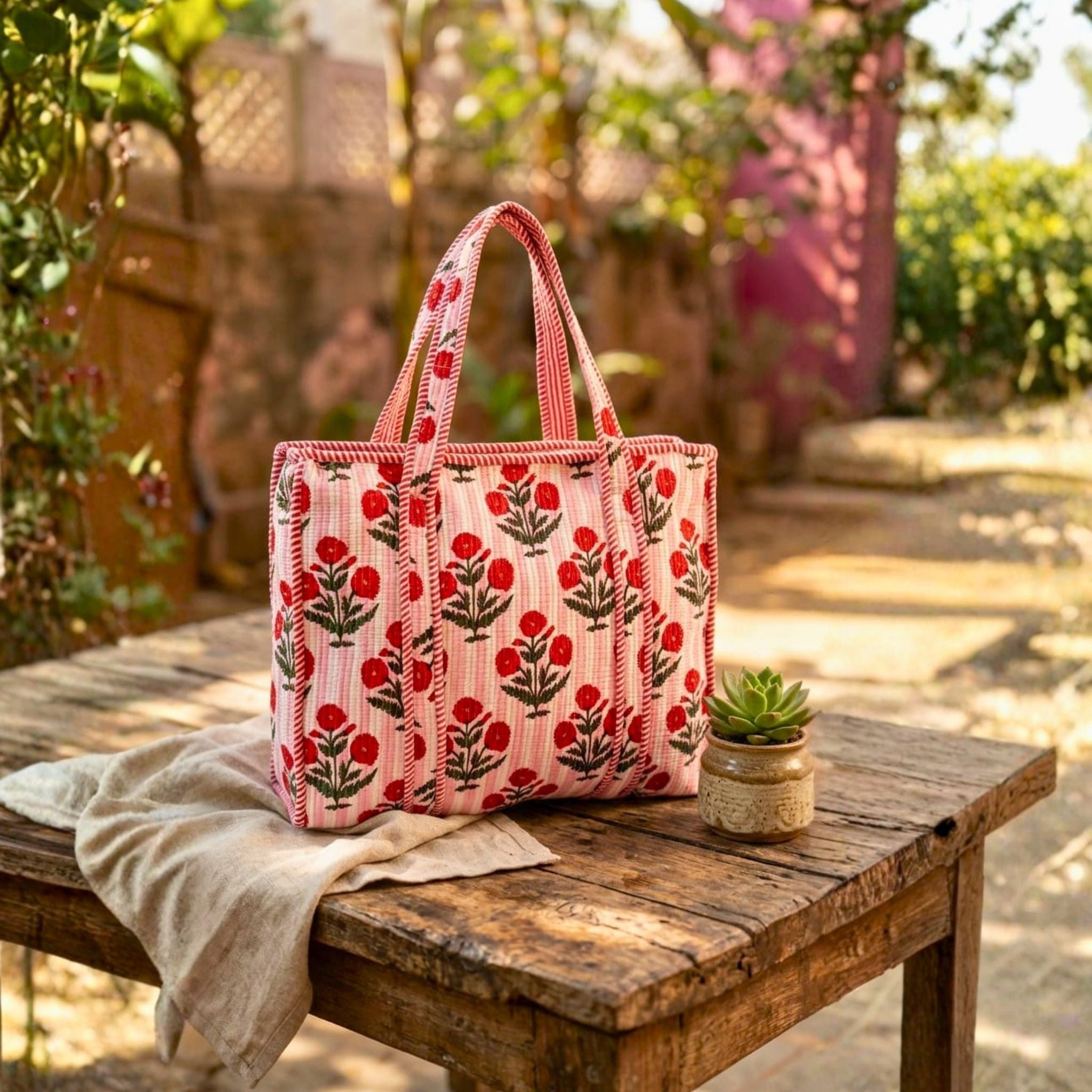 Quilted Tote Bag With Zip Closure (Pink and Red) by Suryatra