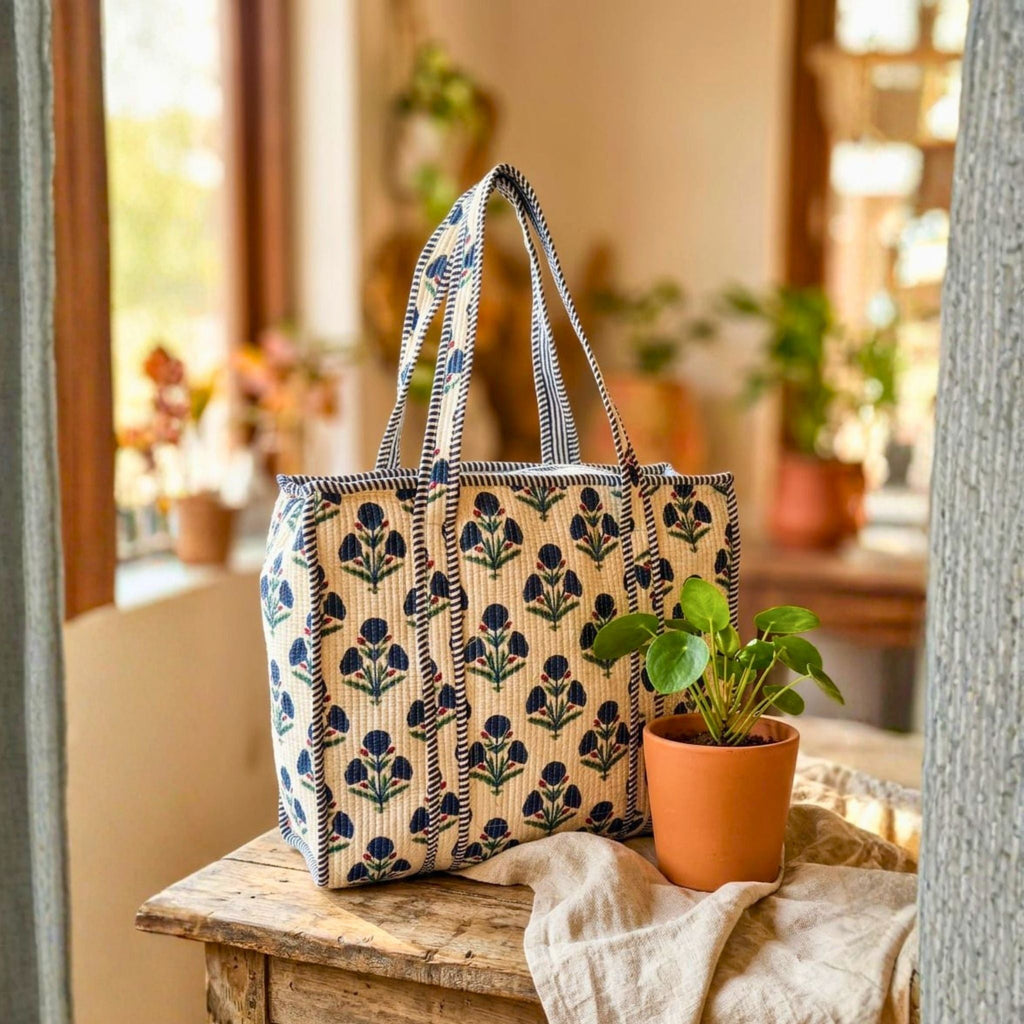 Quilted Tote Bag With Zip Closure (Blue and Cream) by Suryatra