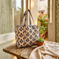 Quilted Tote Bag With Zip Closure (Blue and Cream) by Suryatra
