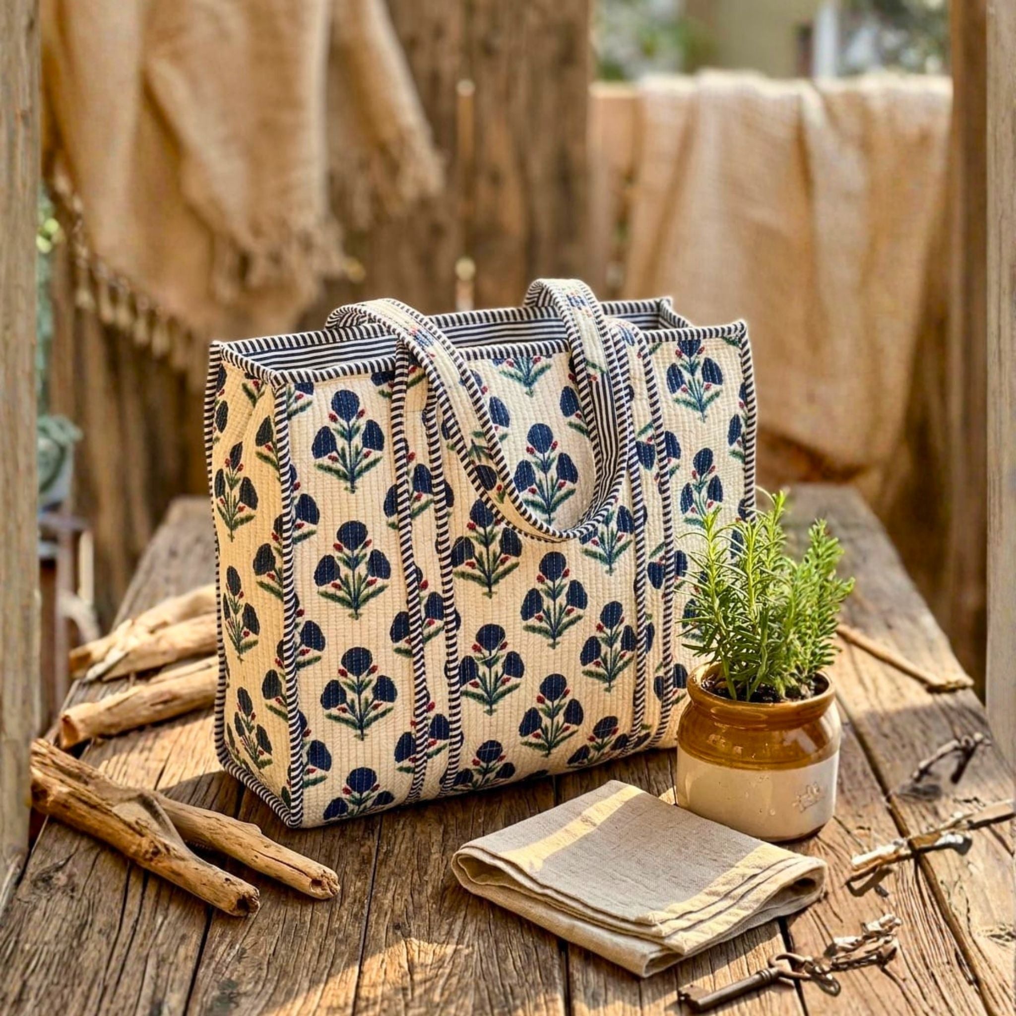 Quilted Tote Bag With Zip Closure (Blue and Cream) by Suryatra