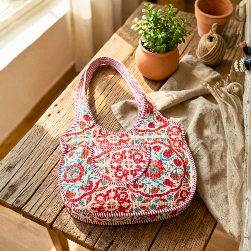 Quilted Tote Round Bag With Zip Closure (Pink and Red) by Suryatra