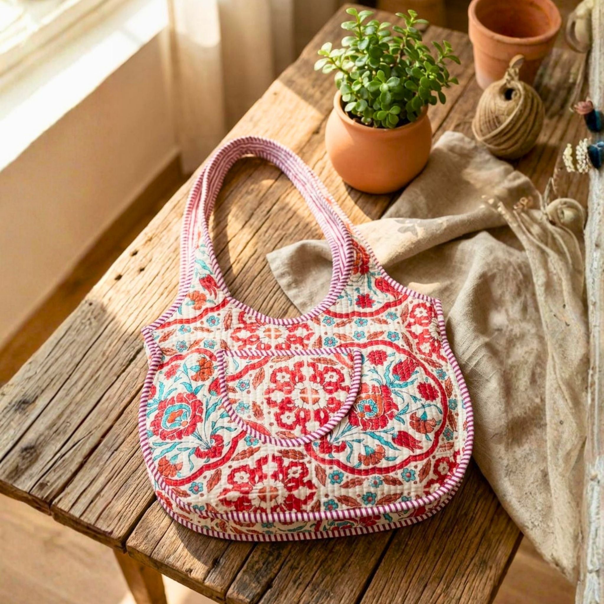 Quilted Tote Round Bag With Zip Closure (Pink and Red) by Suryatra
