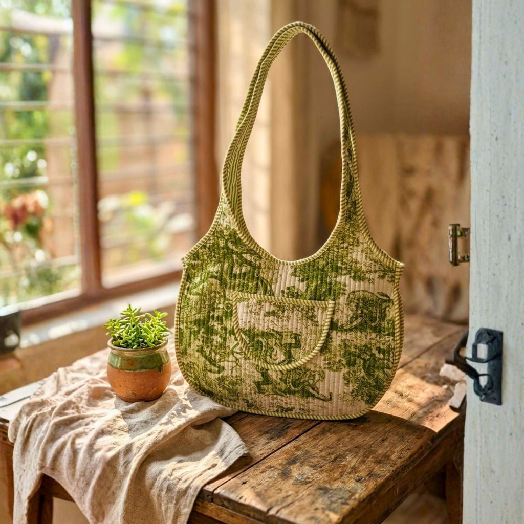 Quilted Tote Round Bag With Zip Closure (Green and Cream) by Suryatra