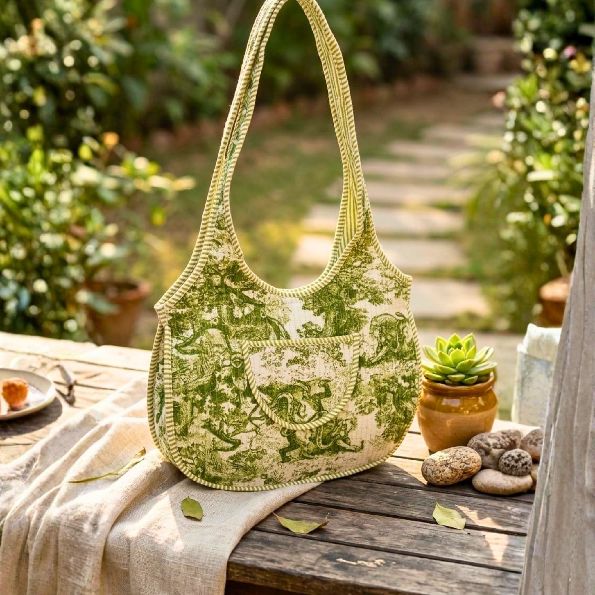 Quilted Tote Round Bag With Zip Closure (Green and Cream) by Suryatra