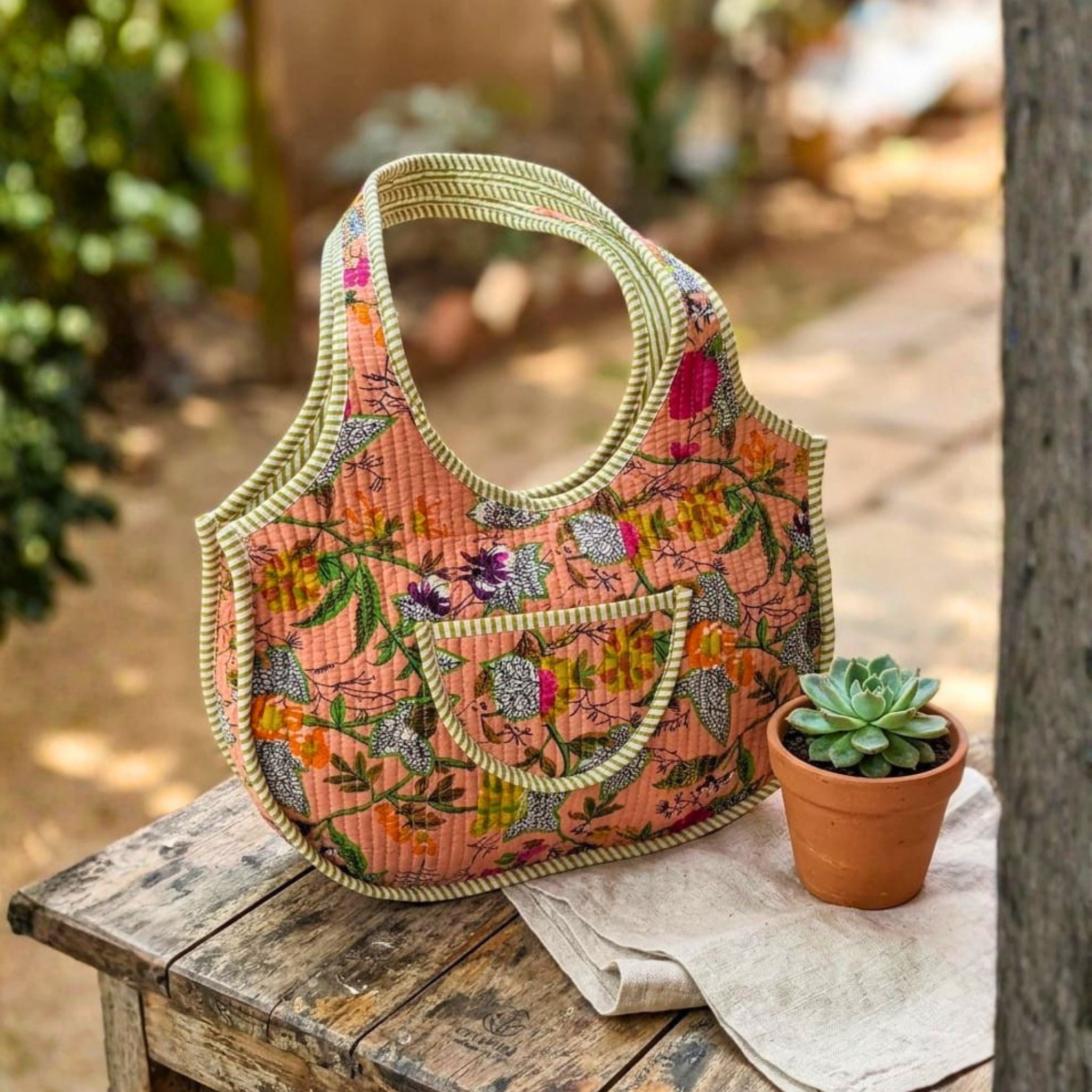 Quilted Tote Round Bag With Zip Closure (Yellow and Orange) by Suryatra