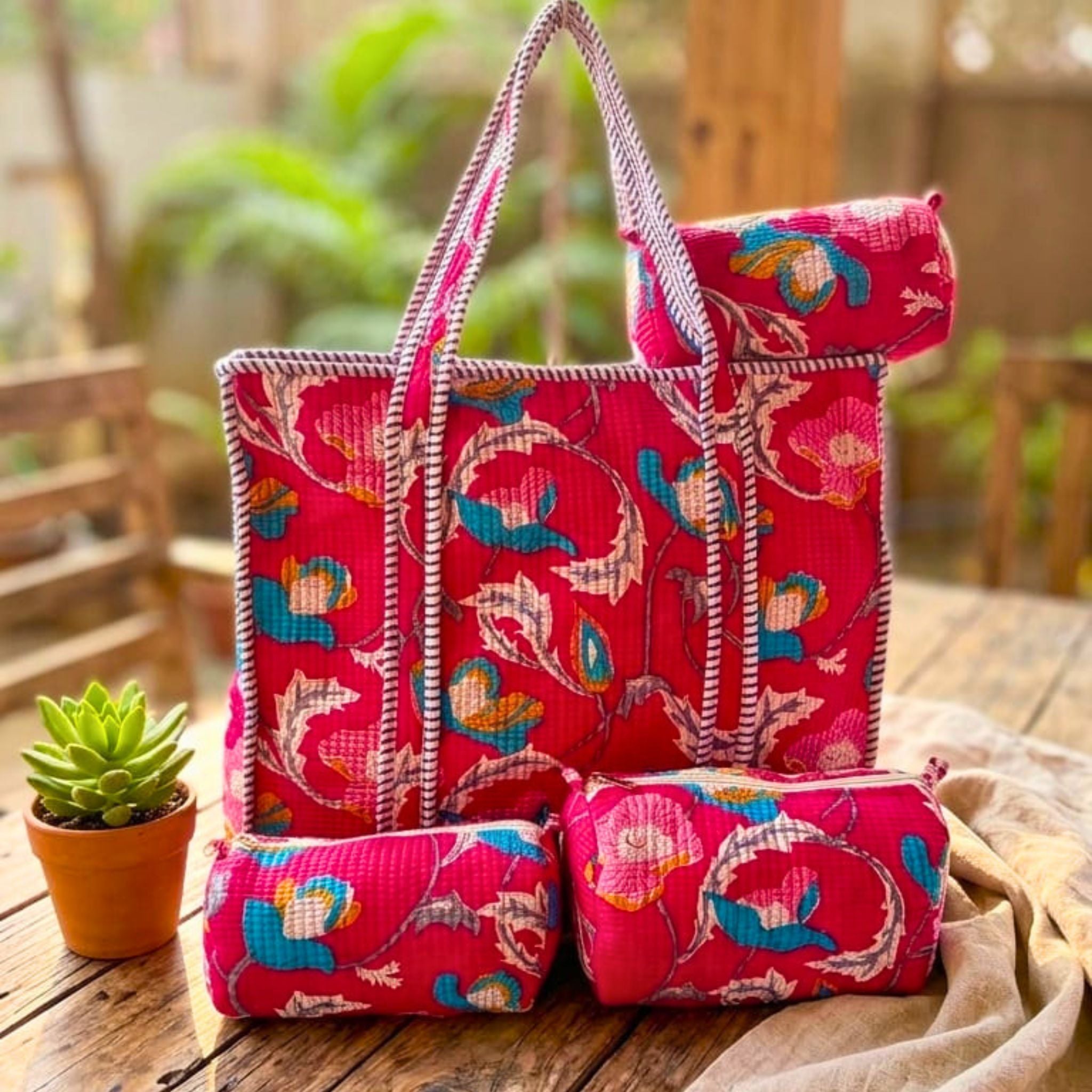 Quilted Floral Tote Combo (Pink) by Suryatra