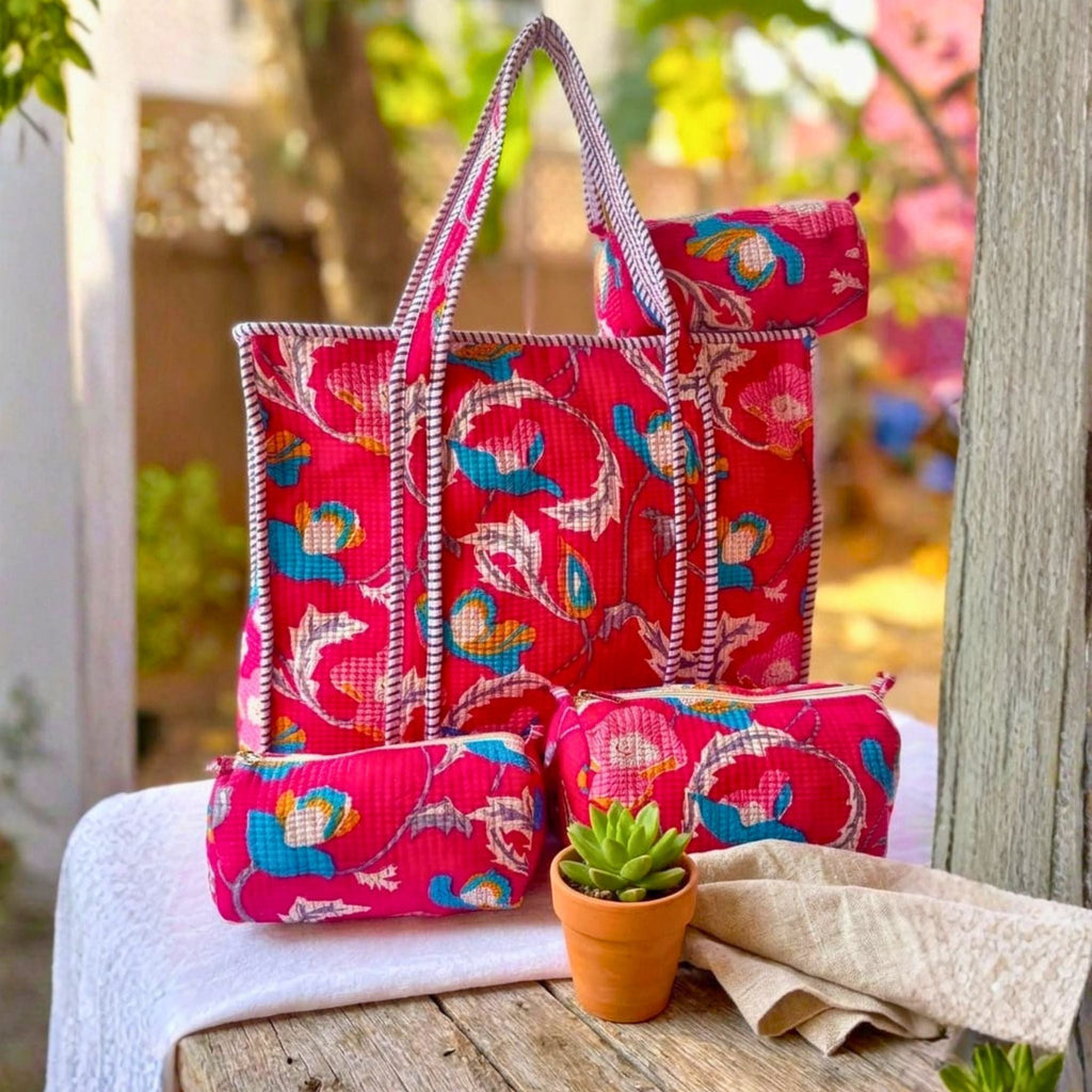 Quilted Floral Tote Combo (Pink) by Suryatra