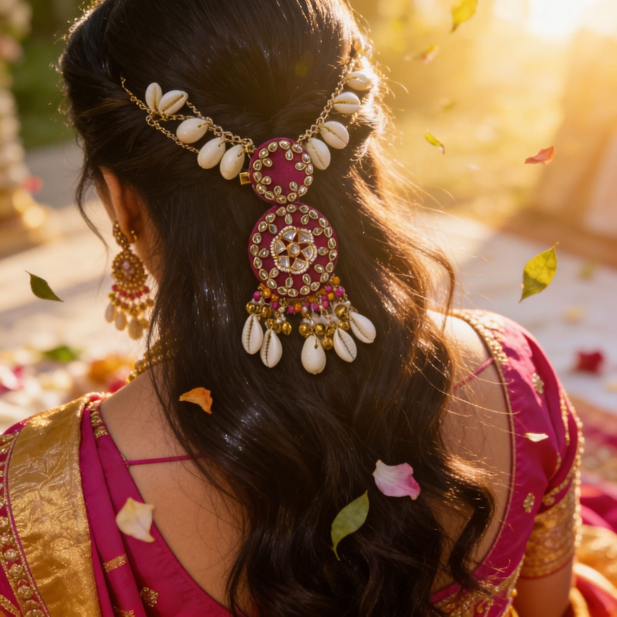 Rani Pink Kundan Cowrie Hair Adornment by Suryatra
